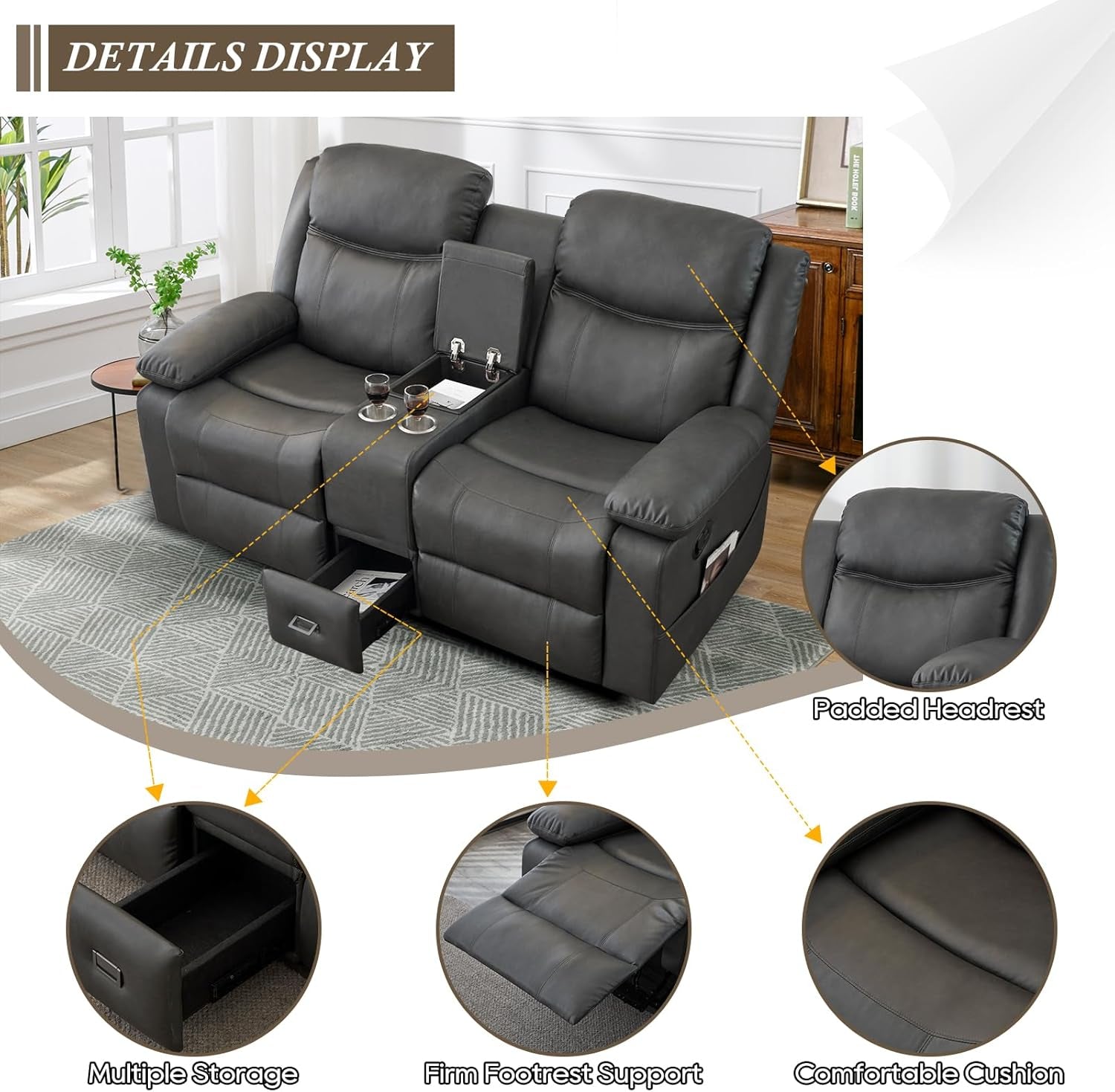 Grey Double Reclining Loveseat For Living Room Home Theater-4