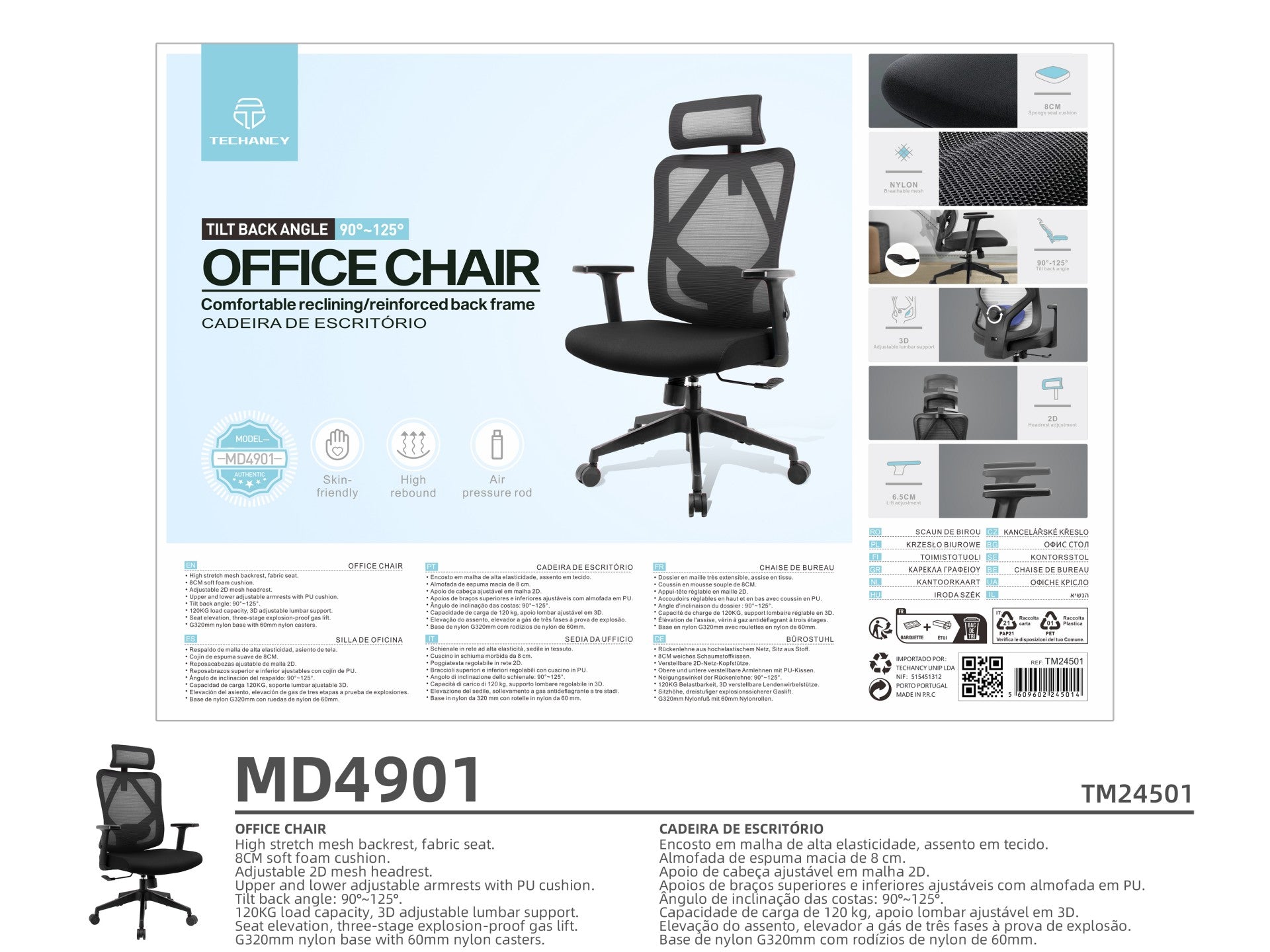 Techancy Cadeira De Escritório Para Computador Preta MD4901, Assento Em Tecido, Apoio Lombar Curvo, Ângulo Ajustável 3d,